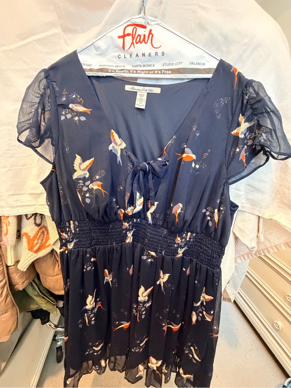 American Rag Navy Dress with Orange & Cream Bird Print